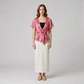 Satin Wrap-Tie Flutter Sleeve Blouse