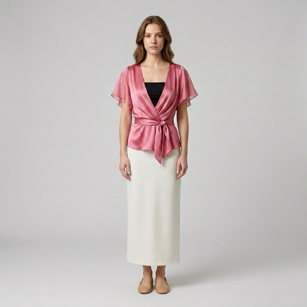 Satin Wrap-Tie Flutter Sleeve Blouse