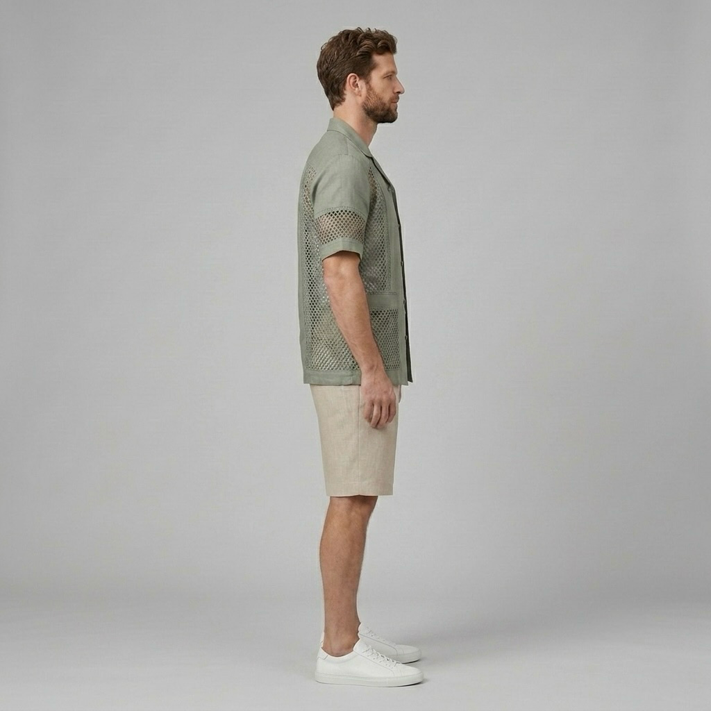 Mesh Panel Camp Collar Shirt