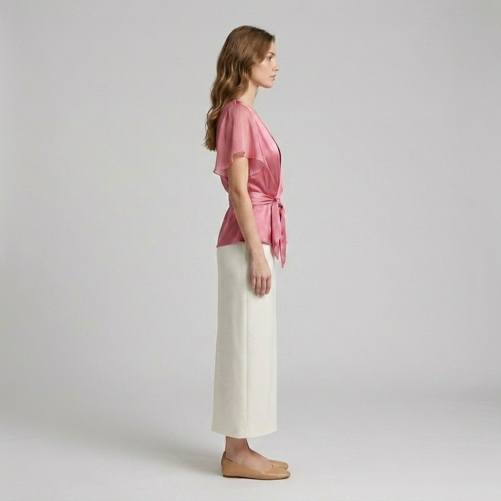 Satin Wrap-Tie Flutter Sleeve Blouse