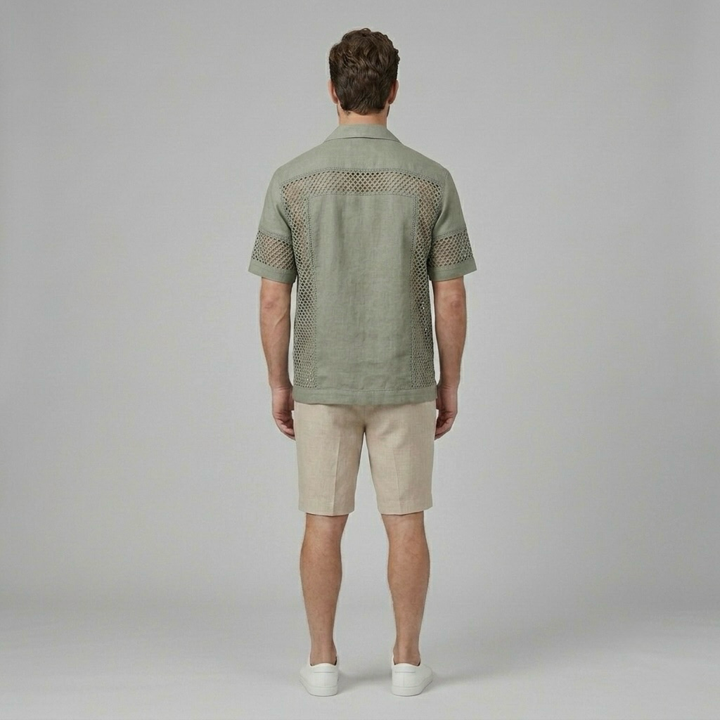 Mesh Panel Camp Collar Shirt