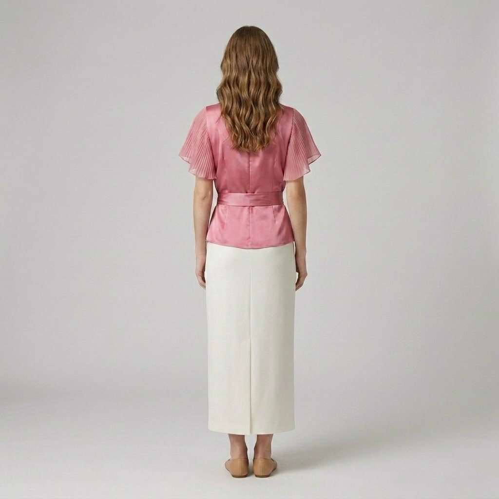 Satin Wrap-Tie Flutter Sleeve Blouse