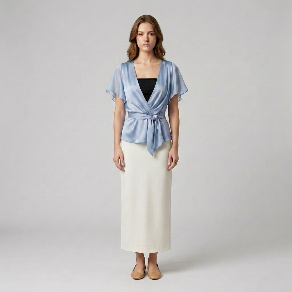 Satin Wrap-Tie Flutter Sleeve Blouse