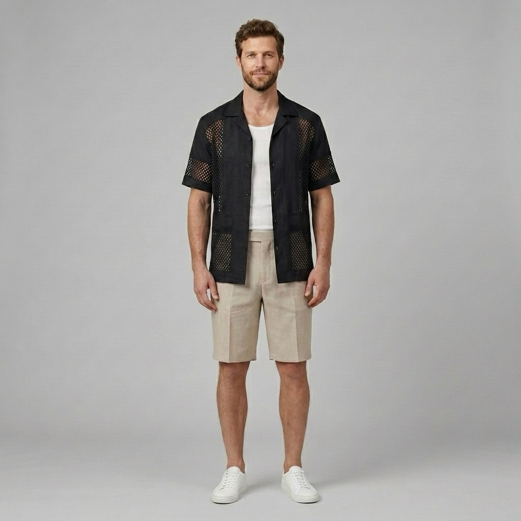 Mesh Panel Camp Collar Shirt