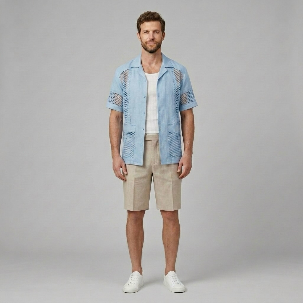 Mesh Panel Camp Collar Shirt