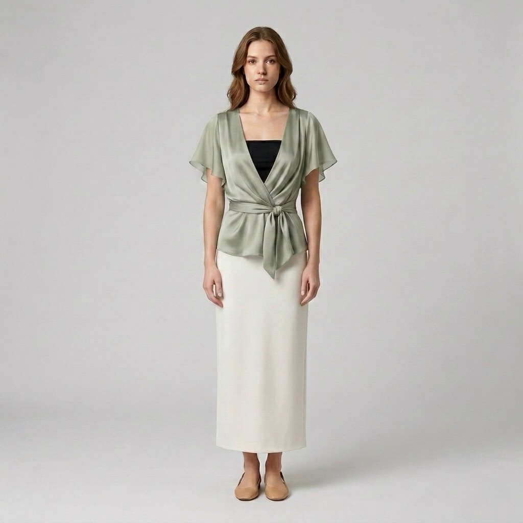 Satin Wrap-Tie Flutter Sleeve Blouse