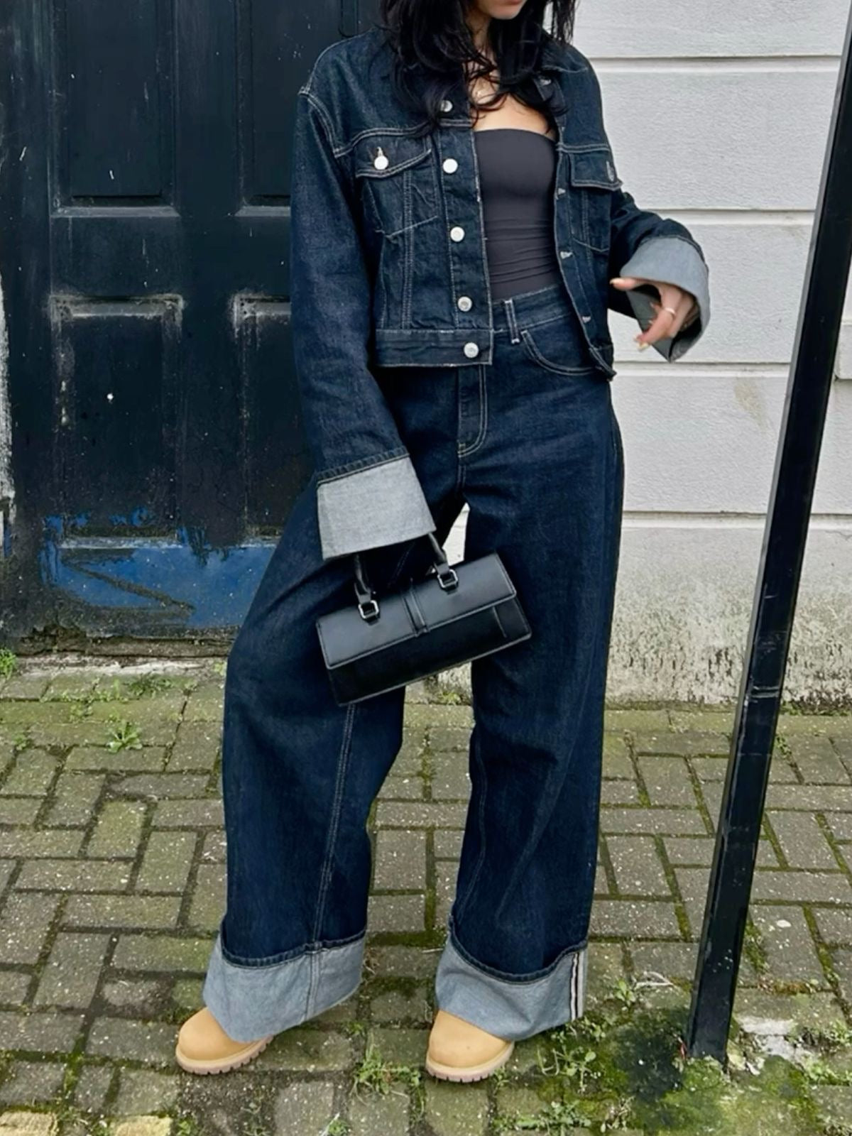Cropped Denim Jacket and Trousers Set