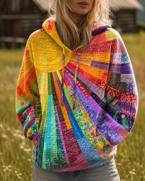 Bohemian Patchwork Hoodie with Relaxed Fit and Adjustable Hood 0