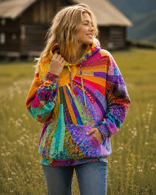 Bohemian Patchwork Hoodie with Relaxed Fit and Adjustable Hood 1
