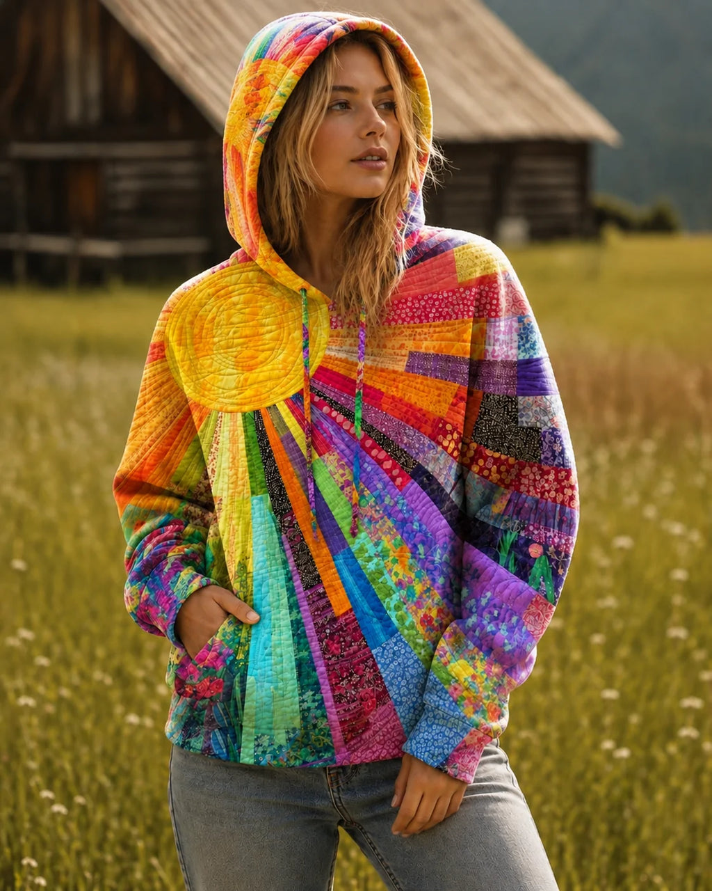 Bohemian Patchwork Hoodie with Relaxed Fit and Adjustable Hood 2