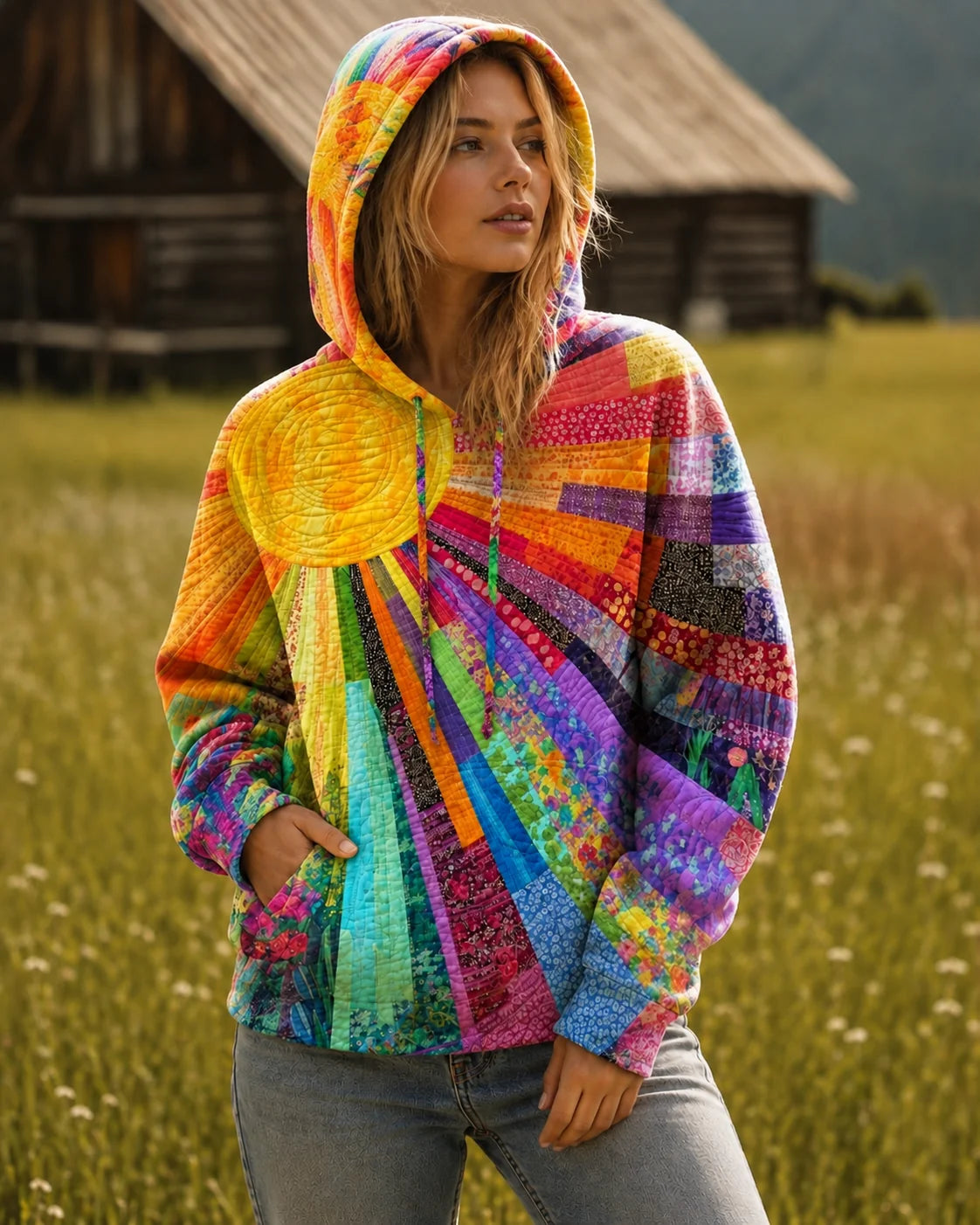 Bohemian Patchwork Hoodie with Relaxed Fit and Adjustable Hood 2
