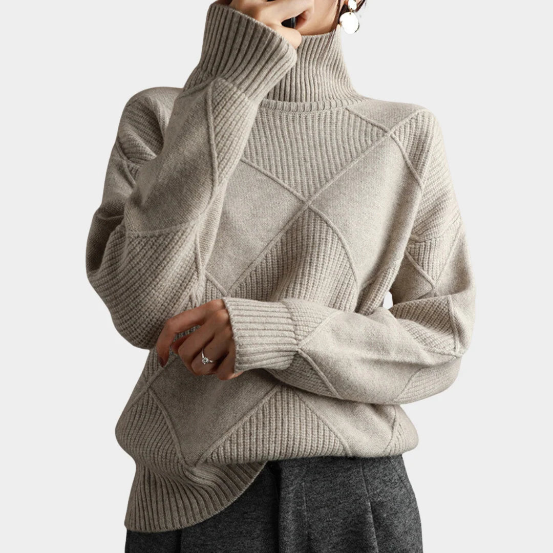 Checked Relaxed Fit Turtleneck Sweater for Women 0