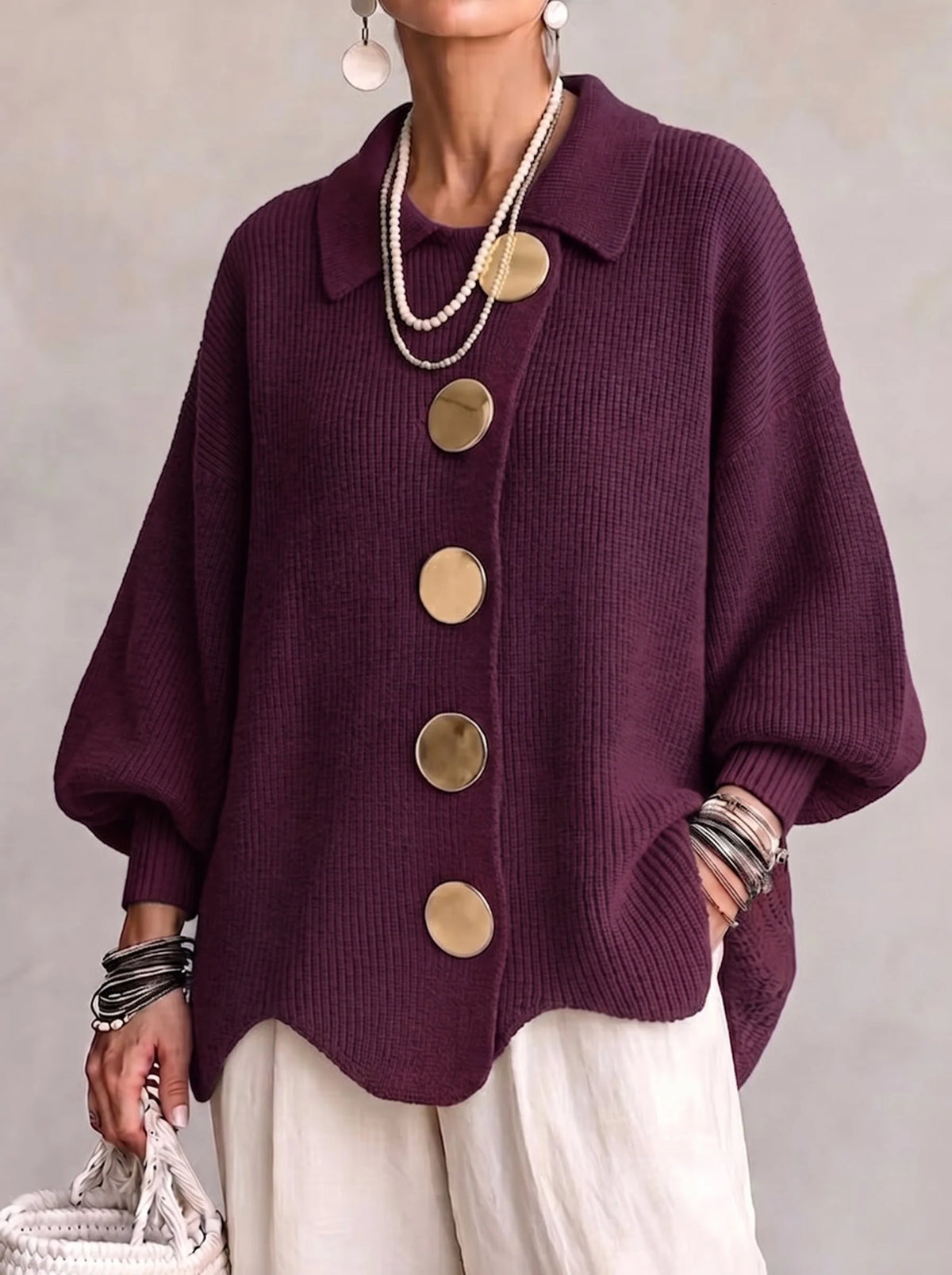 Chunky Knit Cardigan with Asymmetrical Button Placket 2