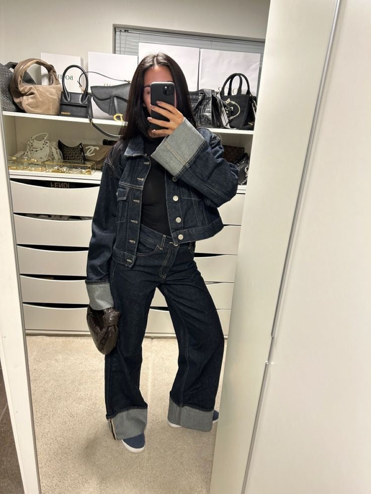 Cropped Denim Jacket and Trousers Set