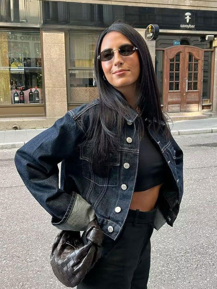 Cropped Denim Jacket and Trousers Set