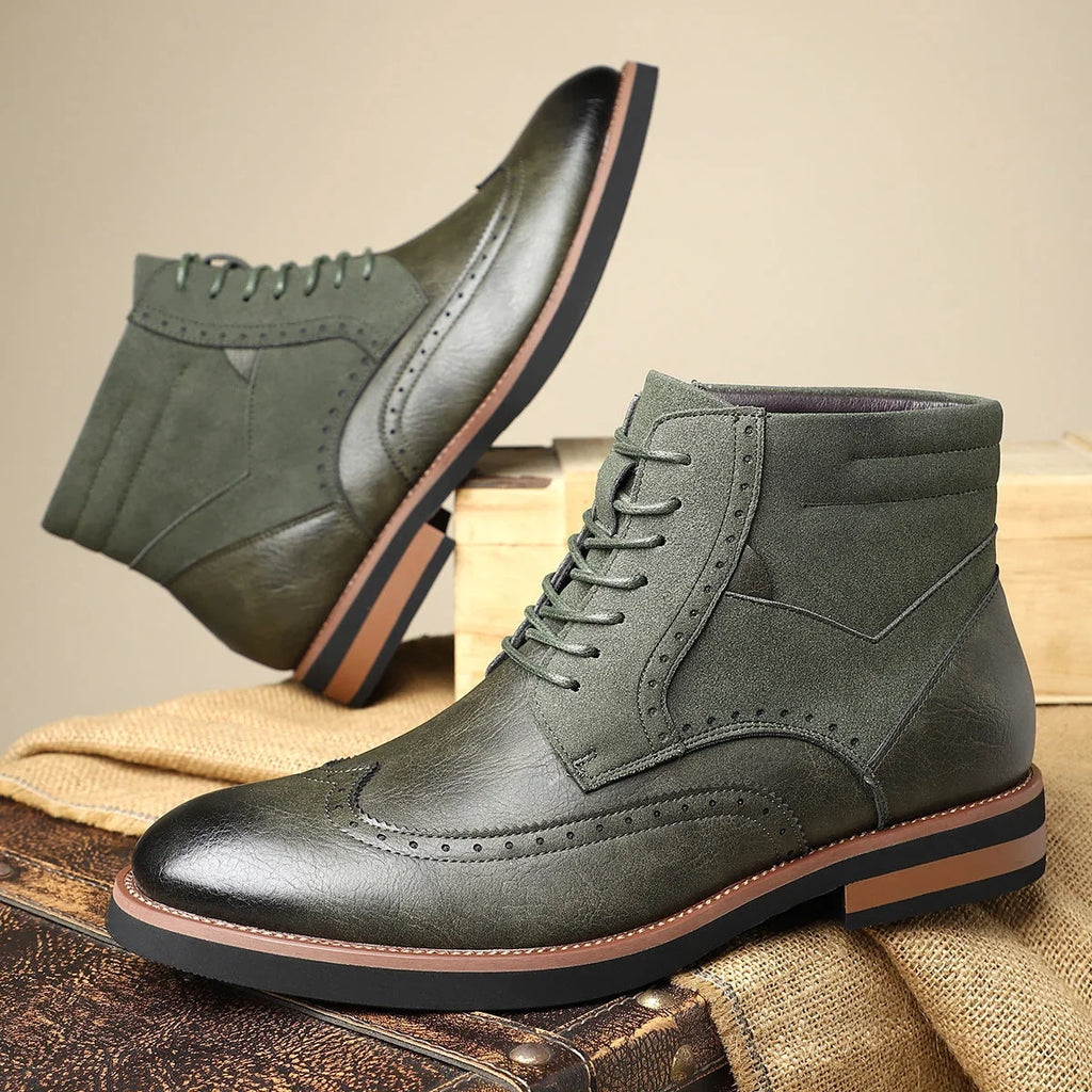 Leather Suede Brogue Dress Boots with Cushioned Insole for Comfort 0