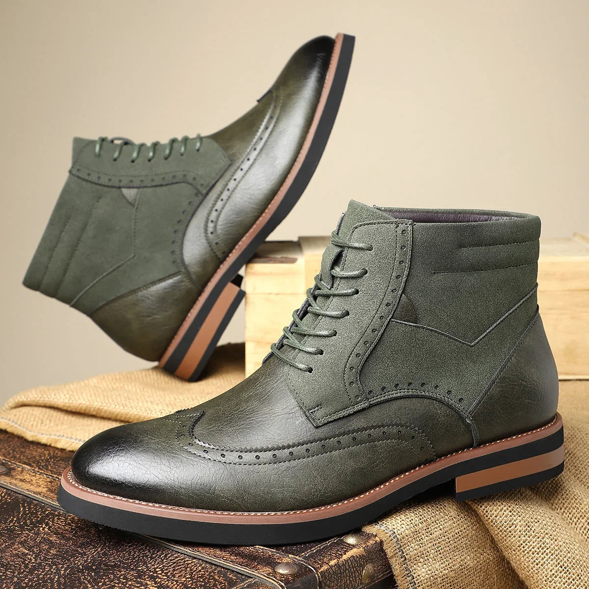 Leather Suede Brogue Dress Boots with Cushioned Insole for Comfort 0