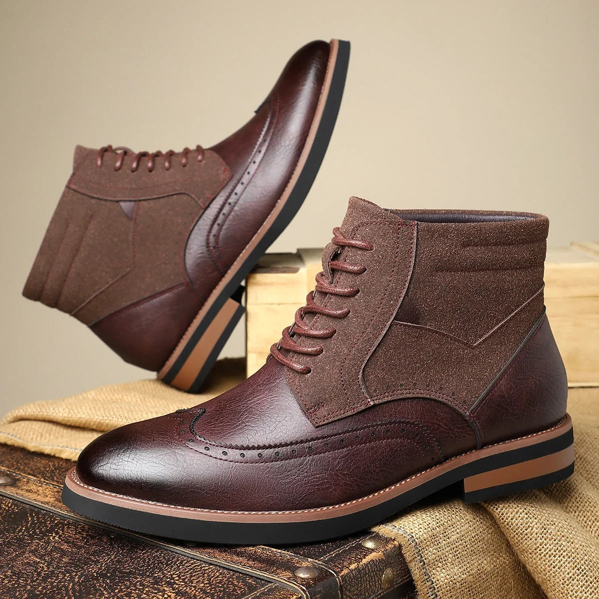Leather Suede Brogue Dress Boots with Cushioned Insole for Comfort 3