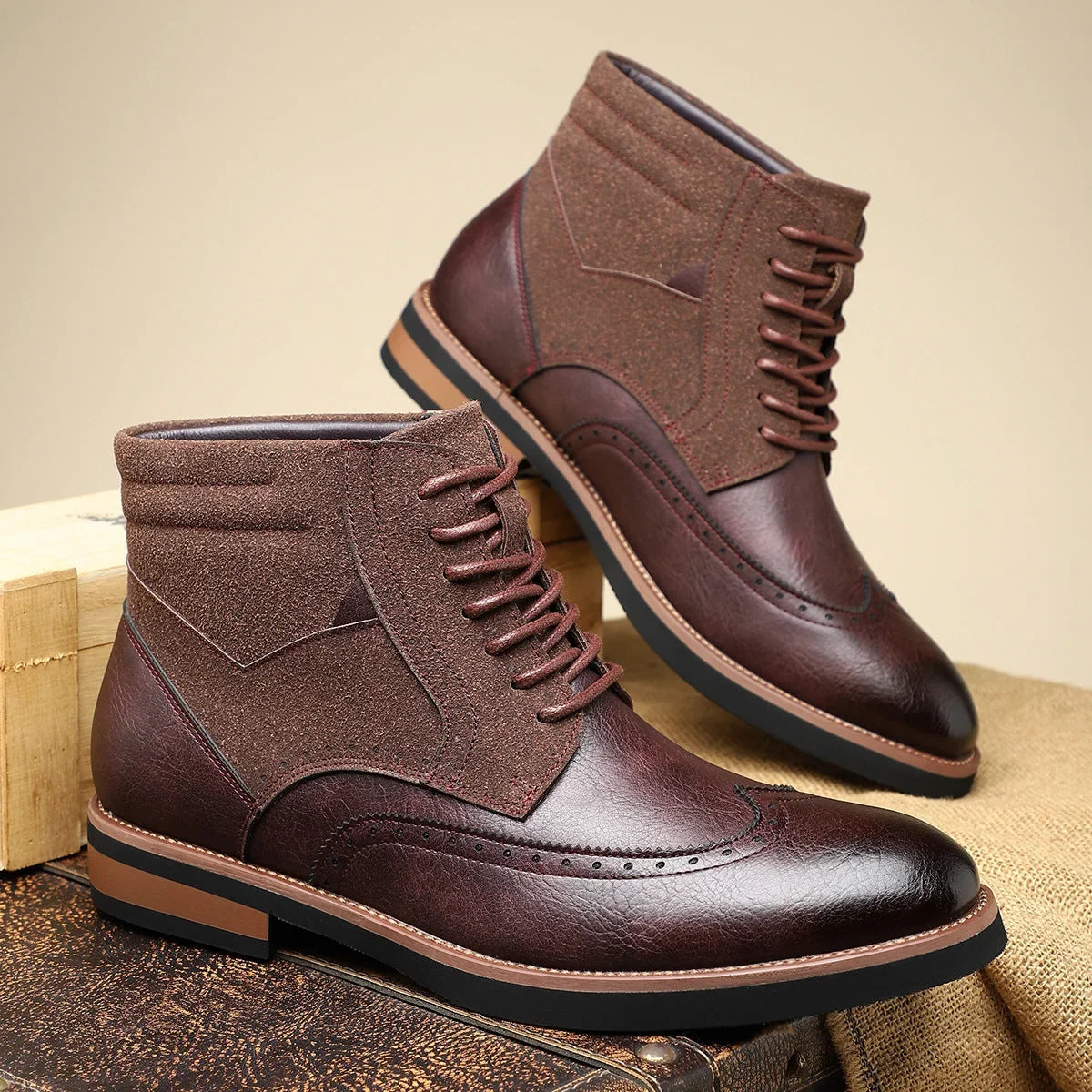 Leather Suede Brogue Dress Boots with Cushioned Insole for Comfort 5