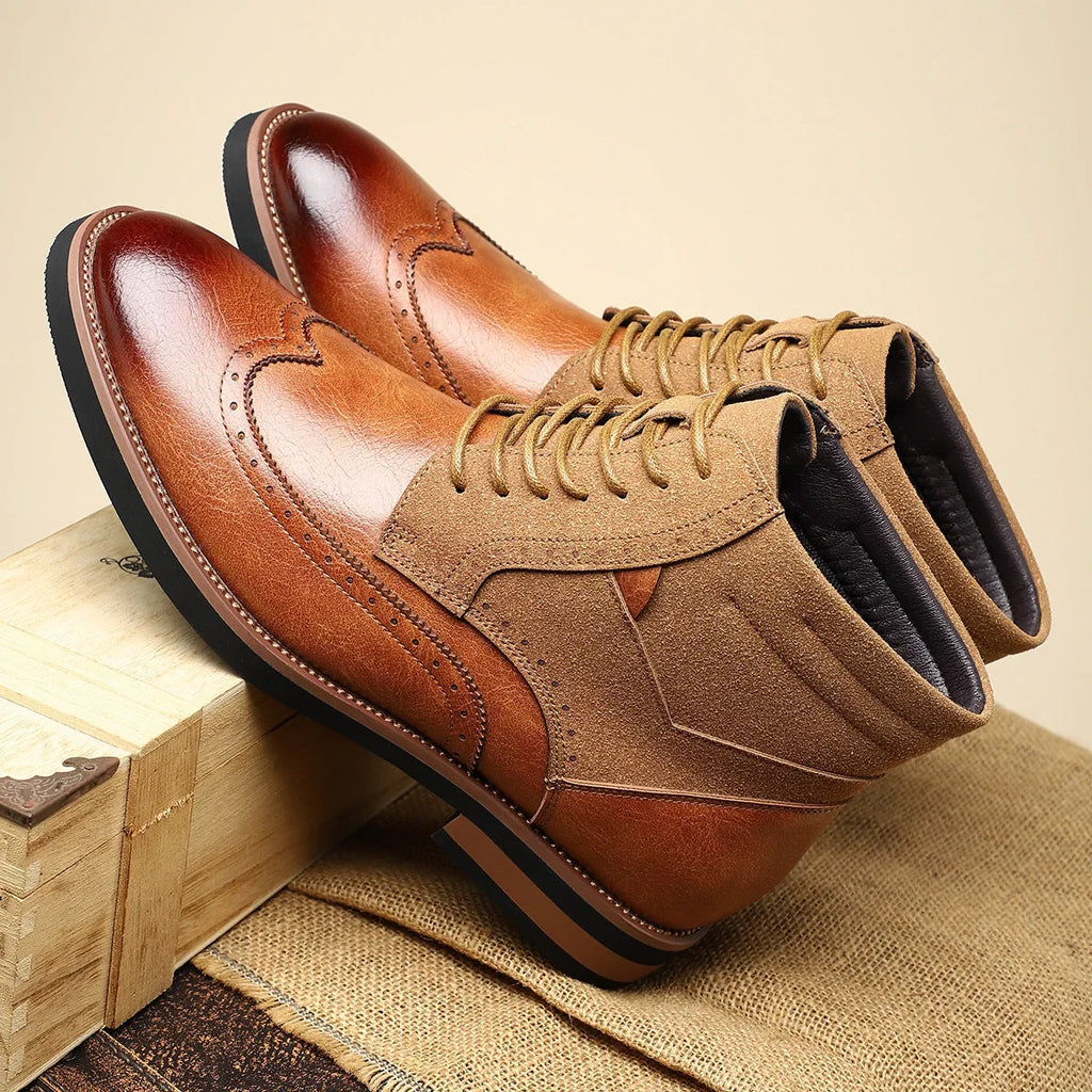 Leather Suede Brogue Dress Boots with Cushioned Insole for Comfort 7