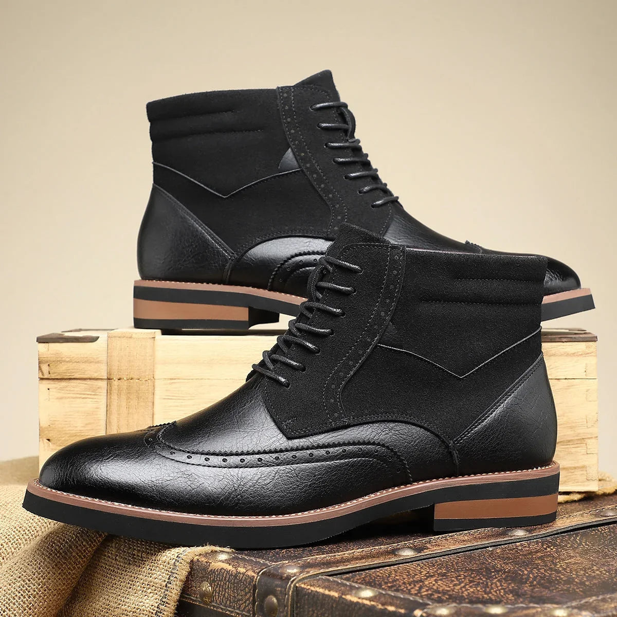 Leather Suede Brogue Dress Boots with Cushioned Insole for Comfort 8