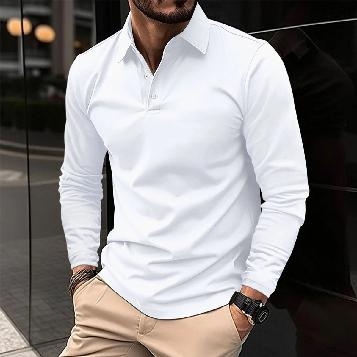Long-Sleeved Polo Shirt with Tailored Fit for Smart Casual Wear 0