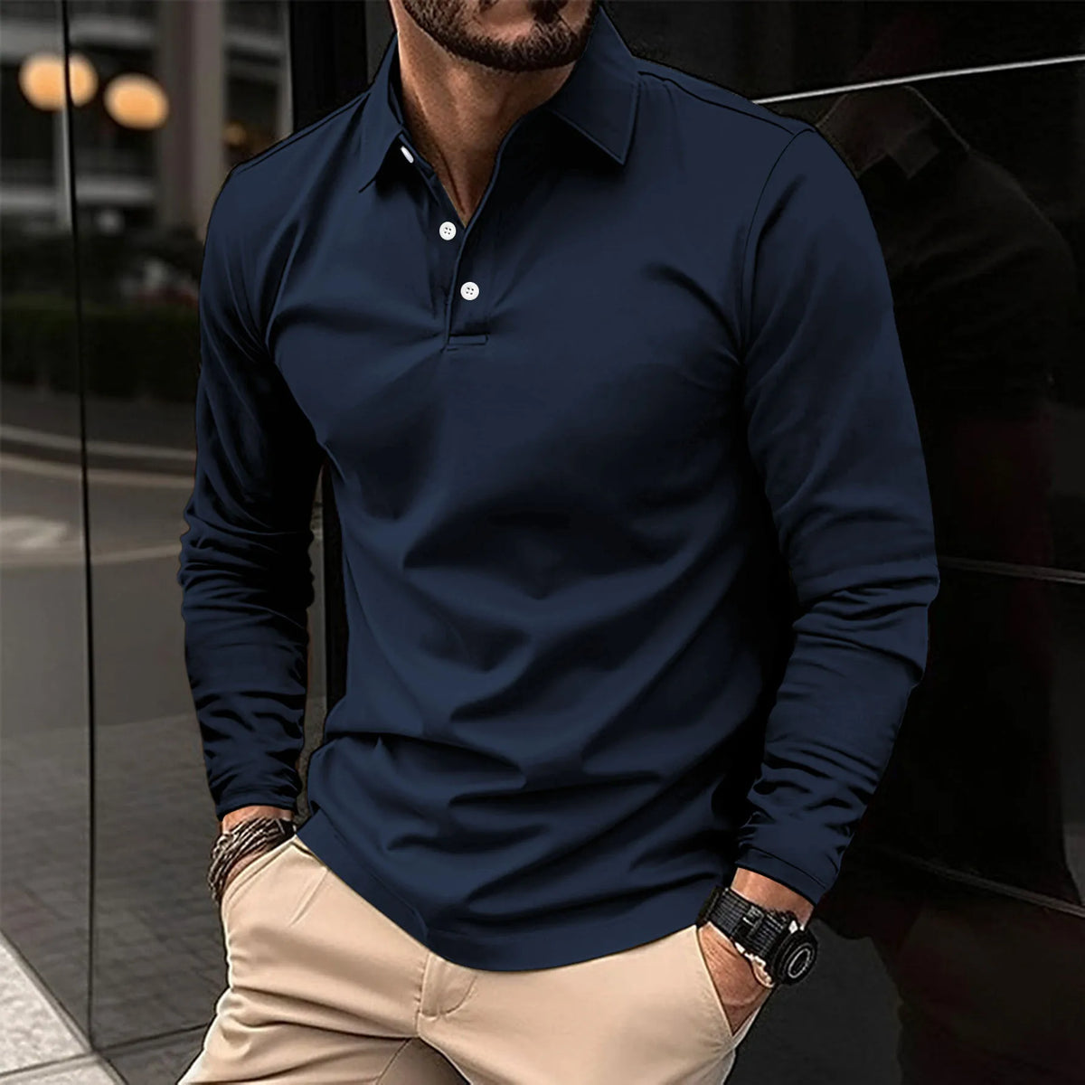 Long-Sleeved Polo Shirt with Tailored Fit for Smart Casual Wear 1