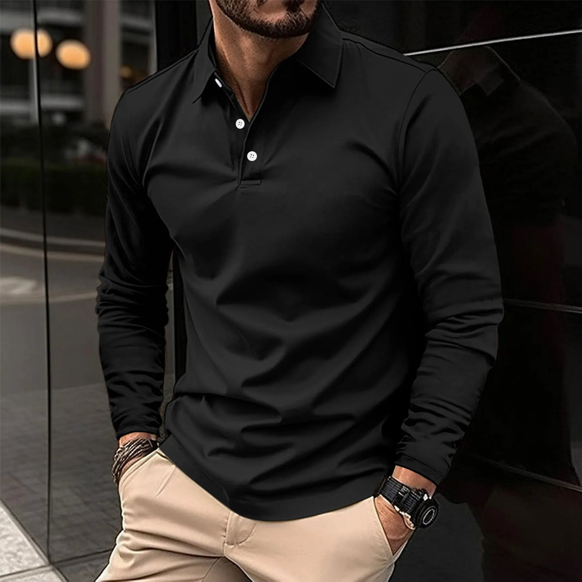 Long-Sleeved Polo Shirt with Tailored Fit for Smart Casual Wear 3