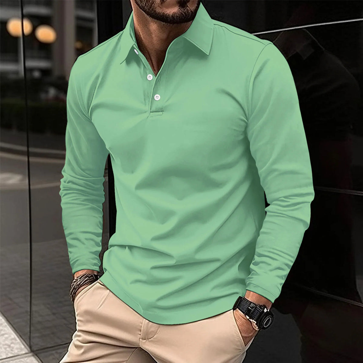 Long-Sleeved Polo Shirt with Tailored Fit for Smart Casual Wear 7