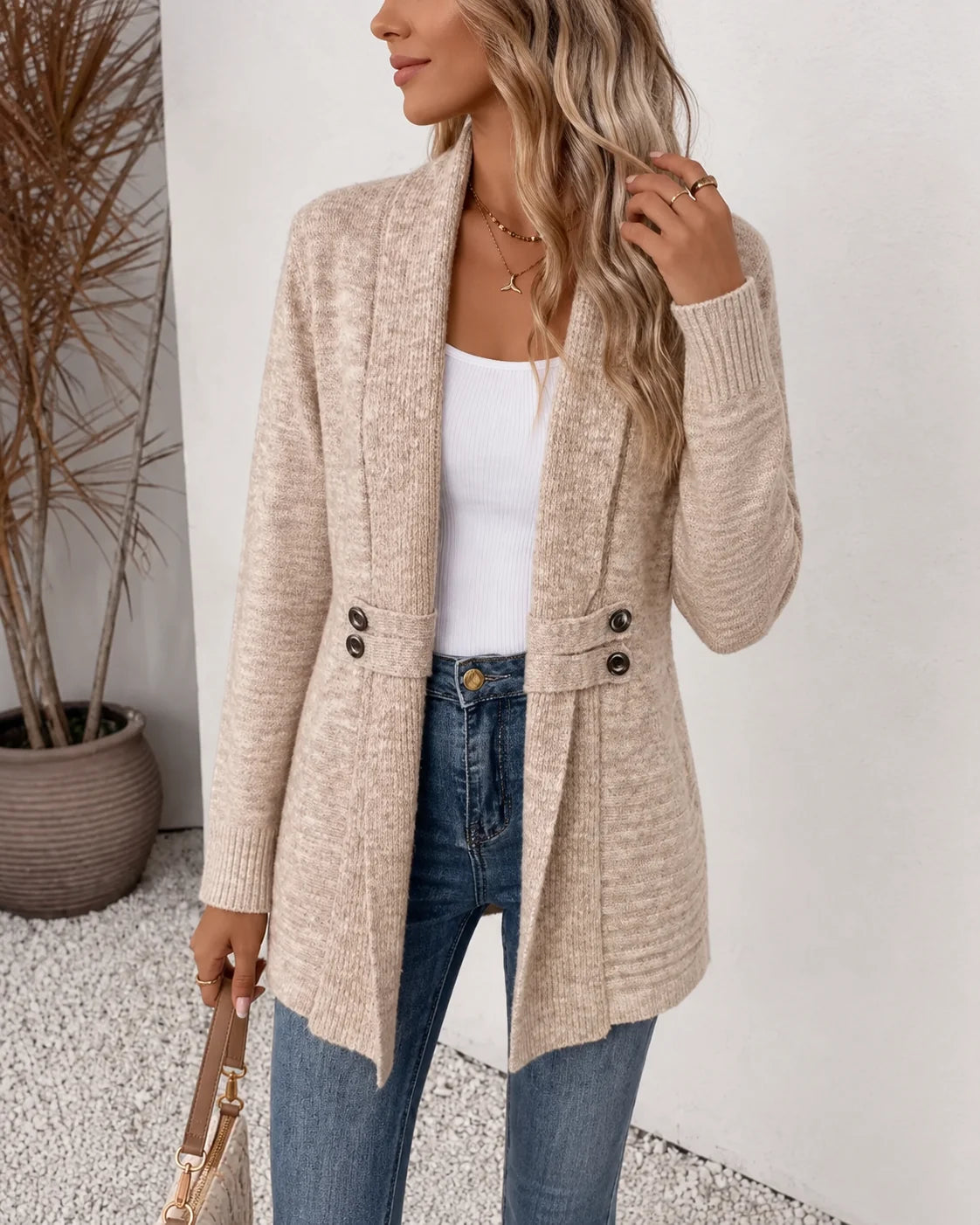 Long Knitted Cardigan with Shawl Collar and Button Detail 0