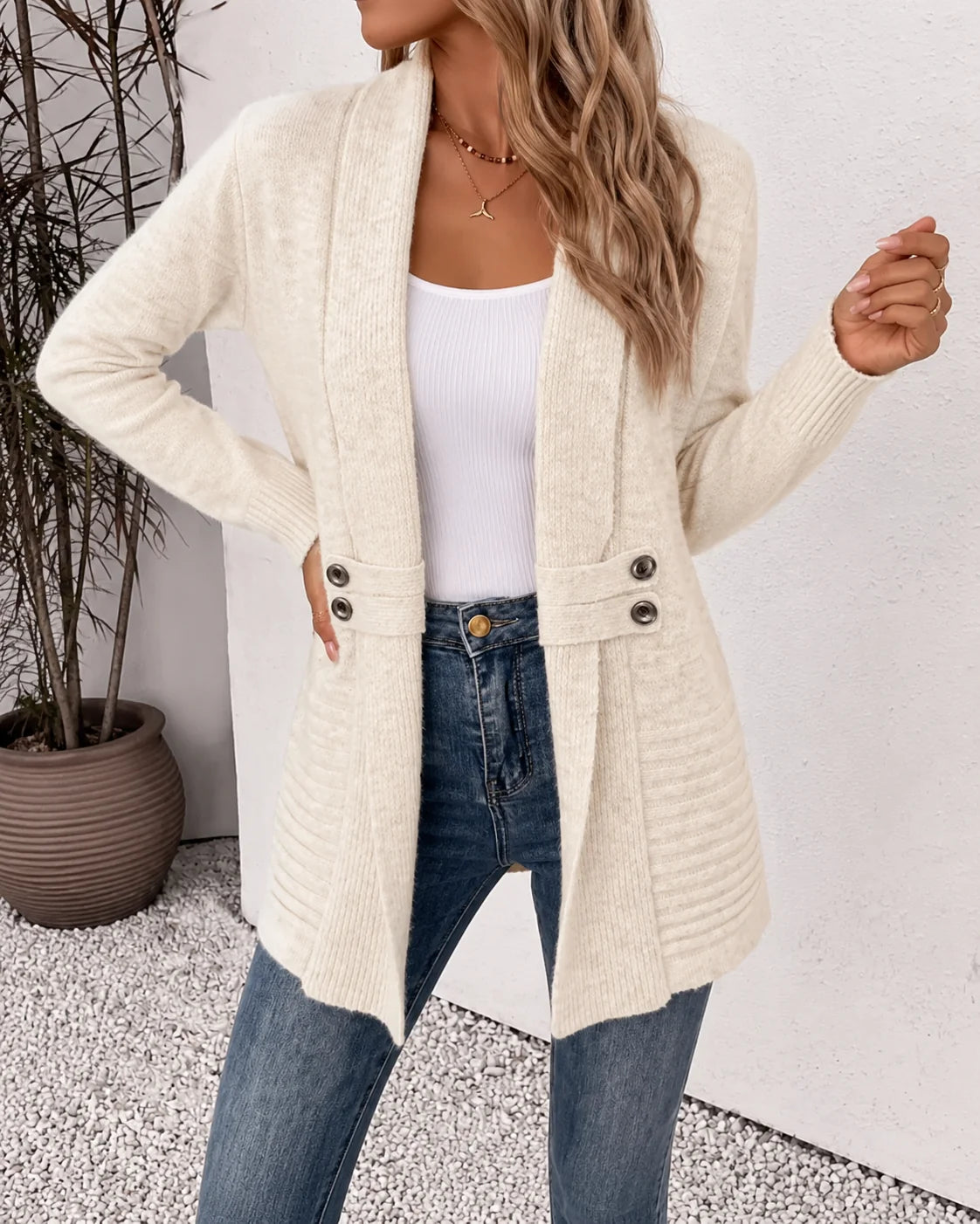 Long Knitted Cardigan with Shawl Collar and Button Detail 1