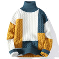 Men's Cable-Knit Turtleneck Sweater with Geometric Color-Block Design 0