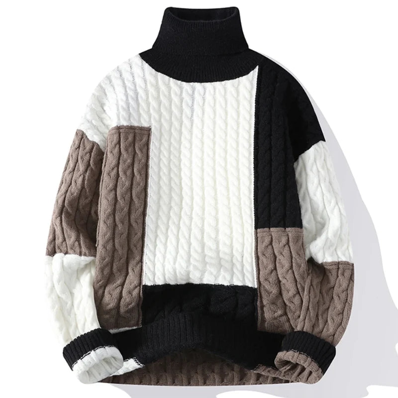 Men's Cable-Knit Turtleneck Sweater with Geometric Color-Block Design 1