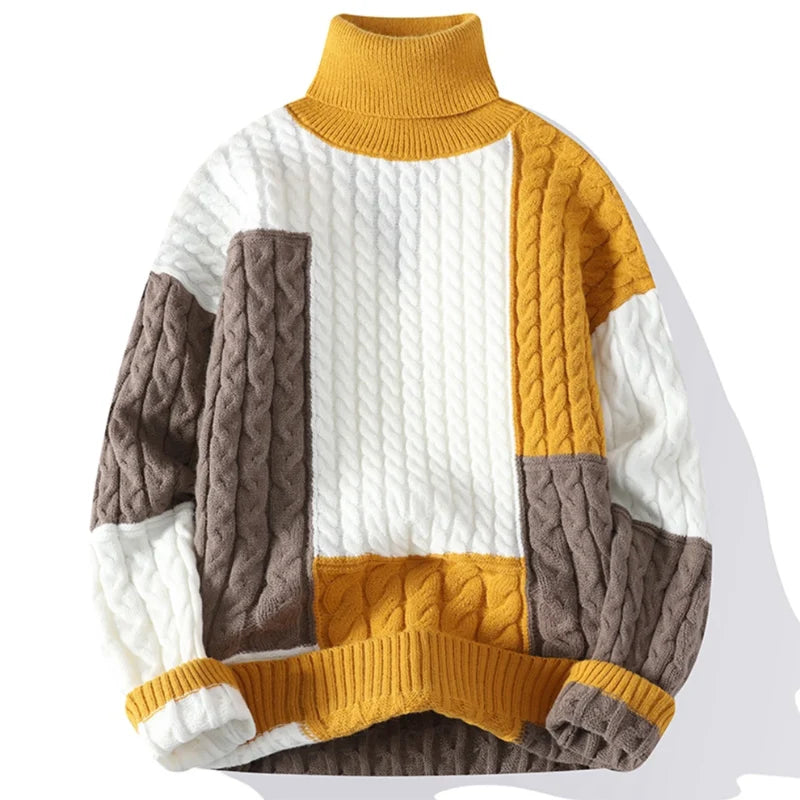 Men's Cable-Knit Turtleneck Sweater with Geometric Color-Block Design 2