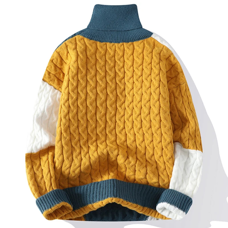Men's Cable-Knit Turtleneck Sweater with Geometric Color-Block Design 3