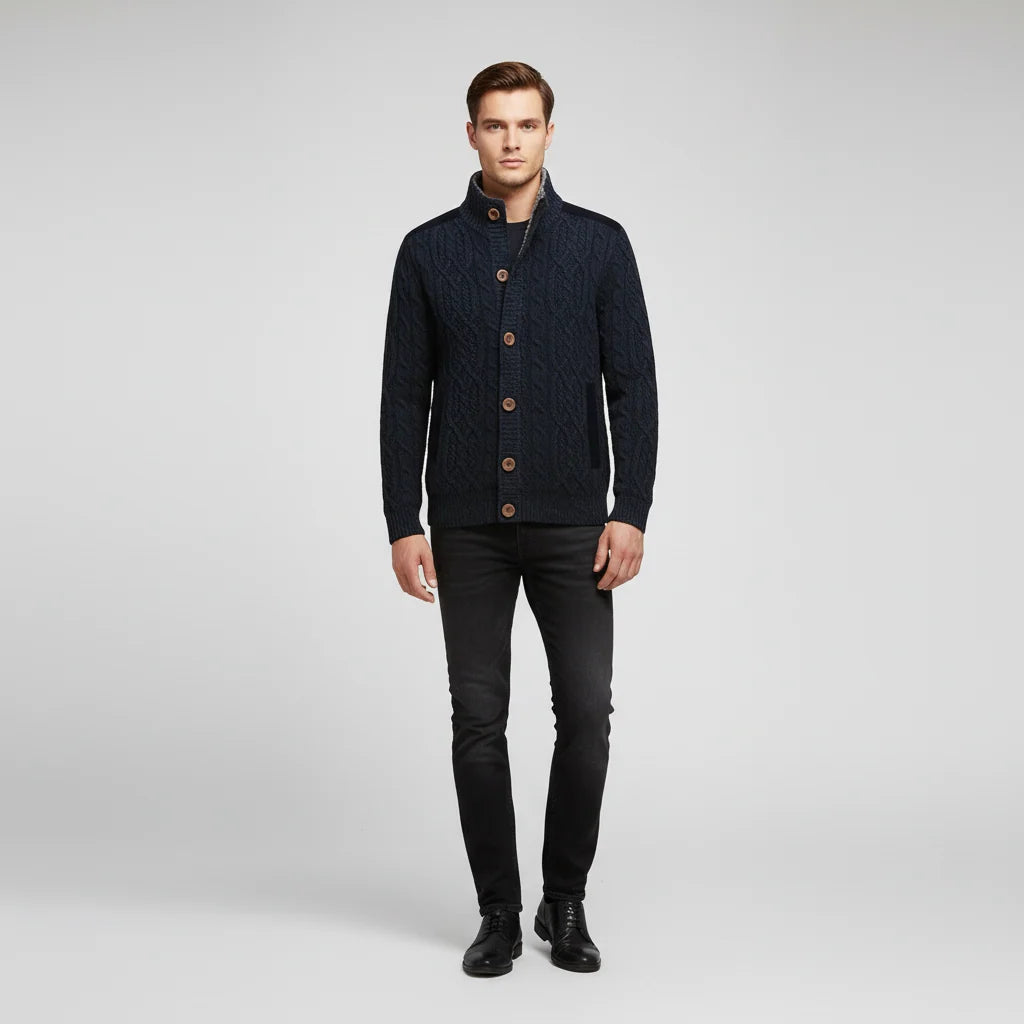 Men's Cable Knit Cardigan with Stand-Up Collar and Button Closure 1