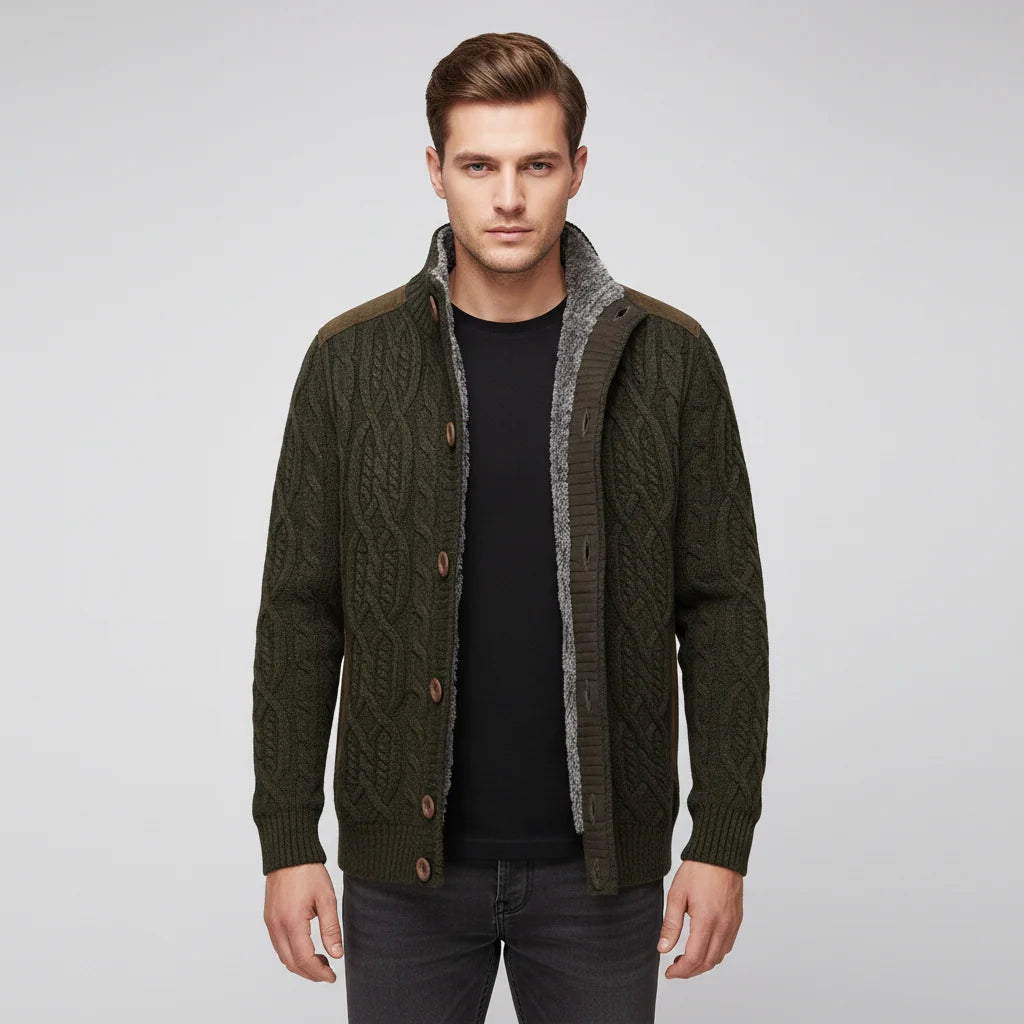 Men's Cable Knit Cardigan with Stand-Up Collar and Button Closure 2