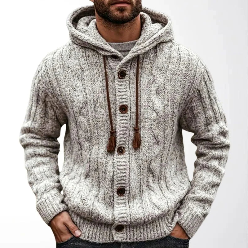 Men's Cable Knit Hooded Sweater with Thick Fabric 0