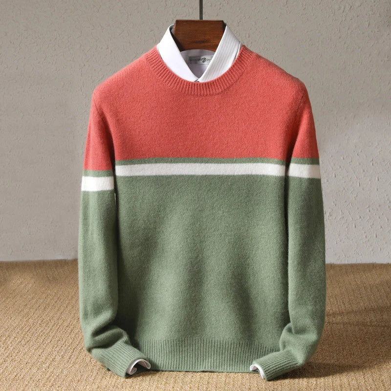 Men's Colorblock Crew Neck Knit Sweater with Contrast Stripe 0