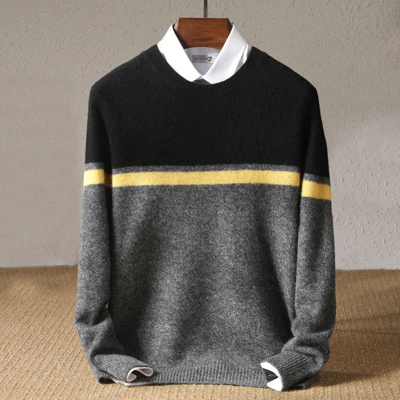Men's Colorblock Crew Neck Knit Sweater with Contrast Stripe 1