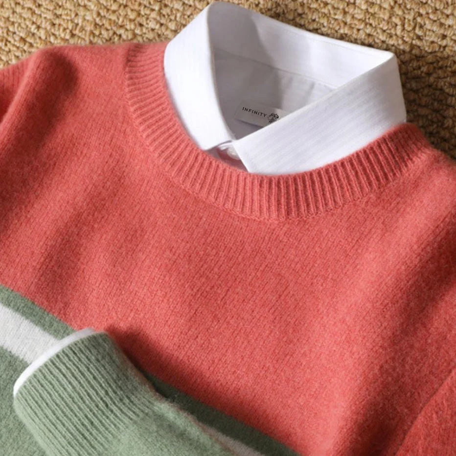 Men's Colorblock Crew Neck Knit Sweater with Contrast Stripe 2