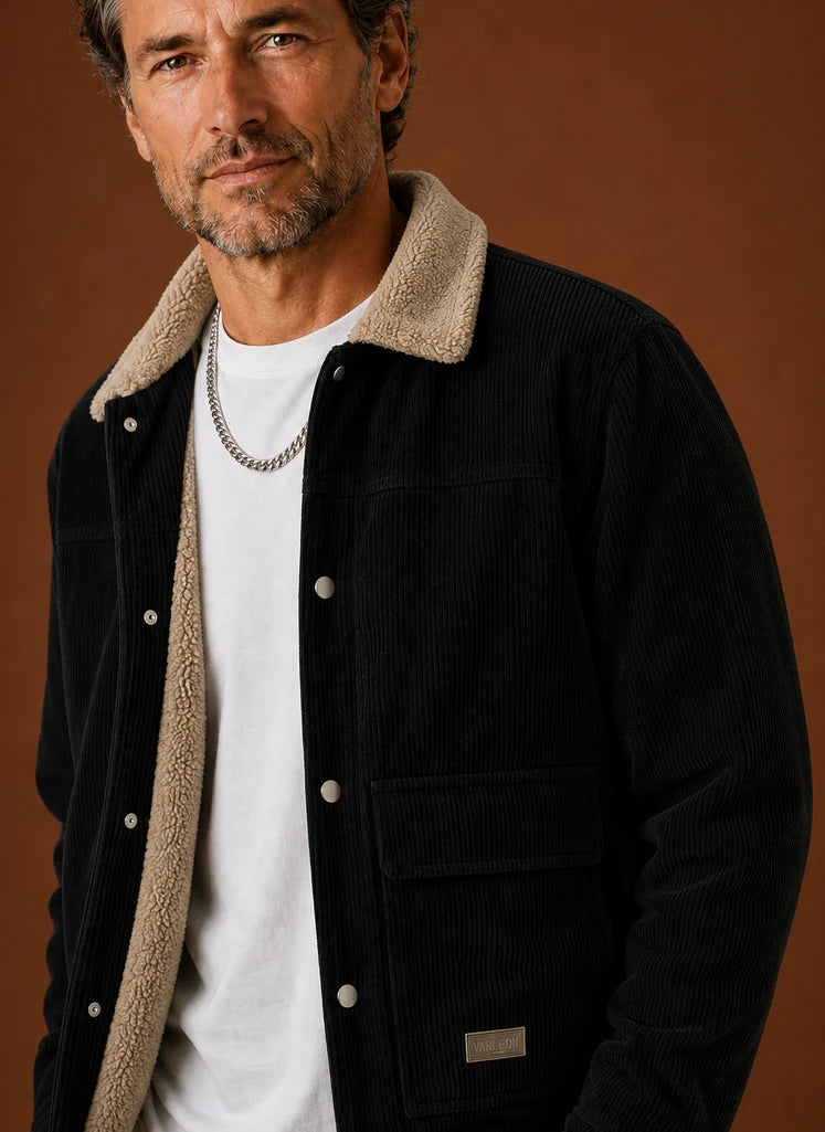 Men's Corduroy Sherpa Lined Jacket with Button Closure for Winter 2