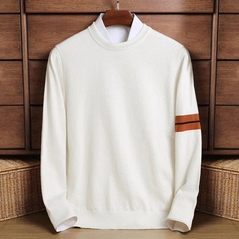 Men's Crew Neck Knit Sweater with Sporty Contrast Sleeve Stripe 0