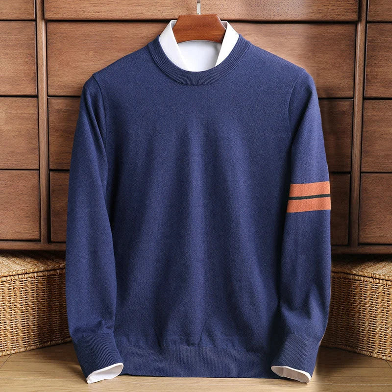 Men's Crew Neck Knit Sweater with Sporty Contrast Sleeve Stripe 1