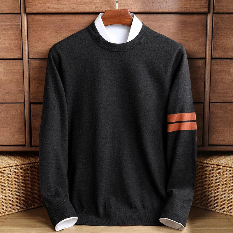 Men's Crew Neck Knit Sweater with Sporty Contrast Sleeve Stripe 2