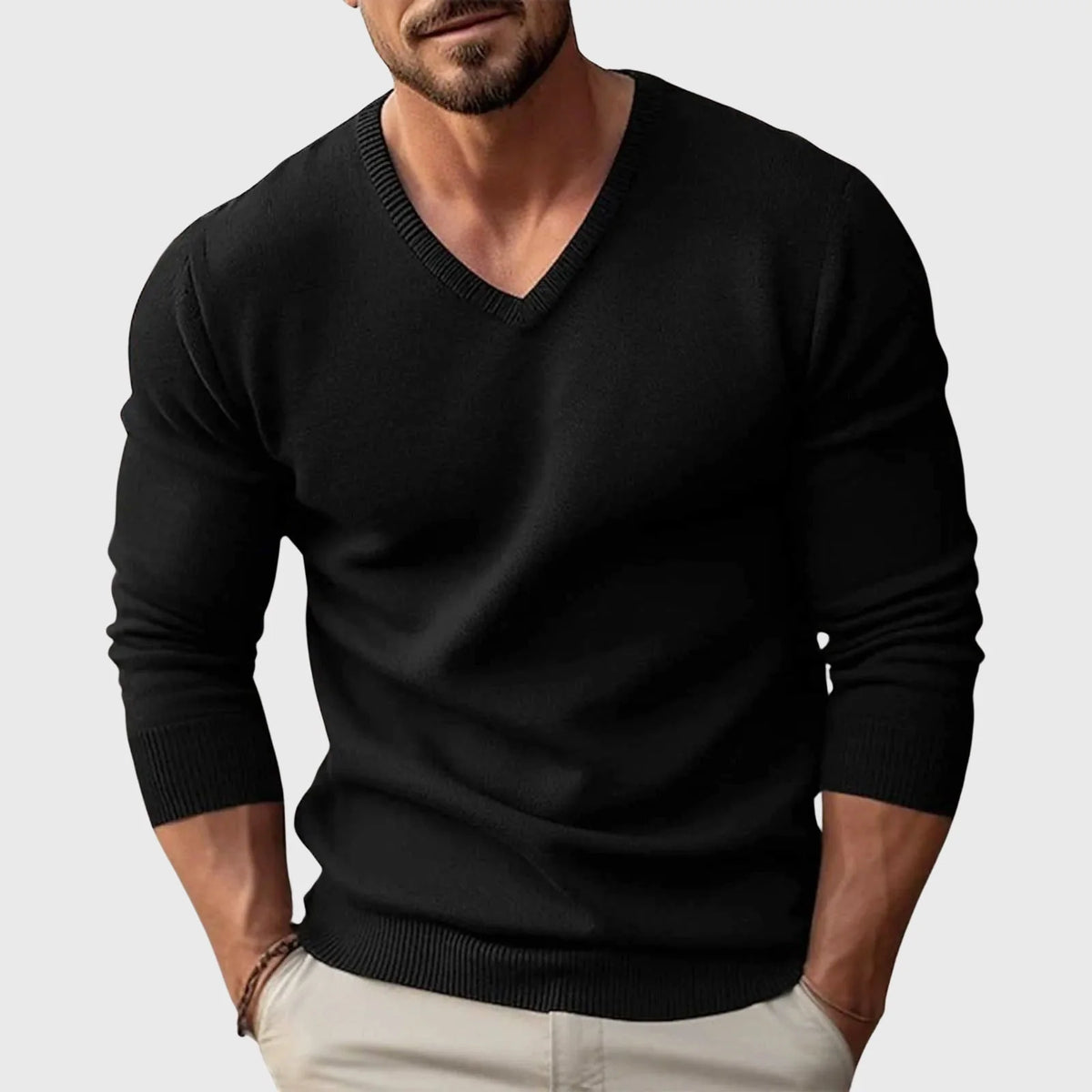 Men's Fitted Long Sleeve V-Neck Sweater with Ribbed Trim 0