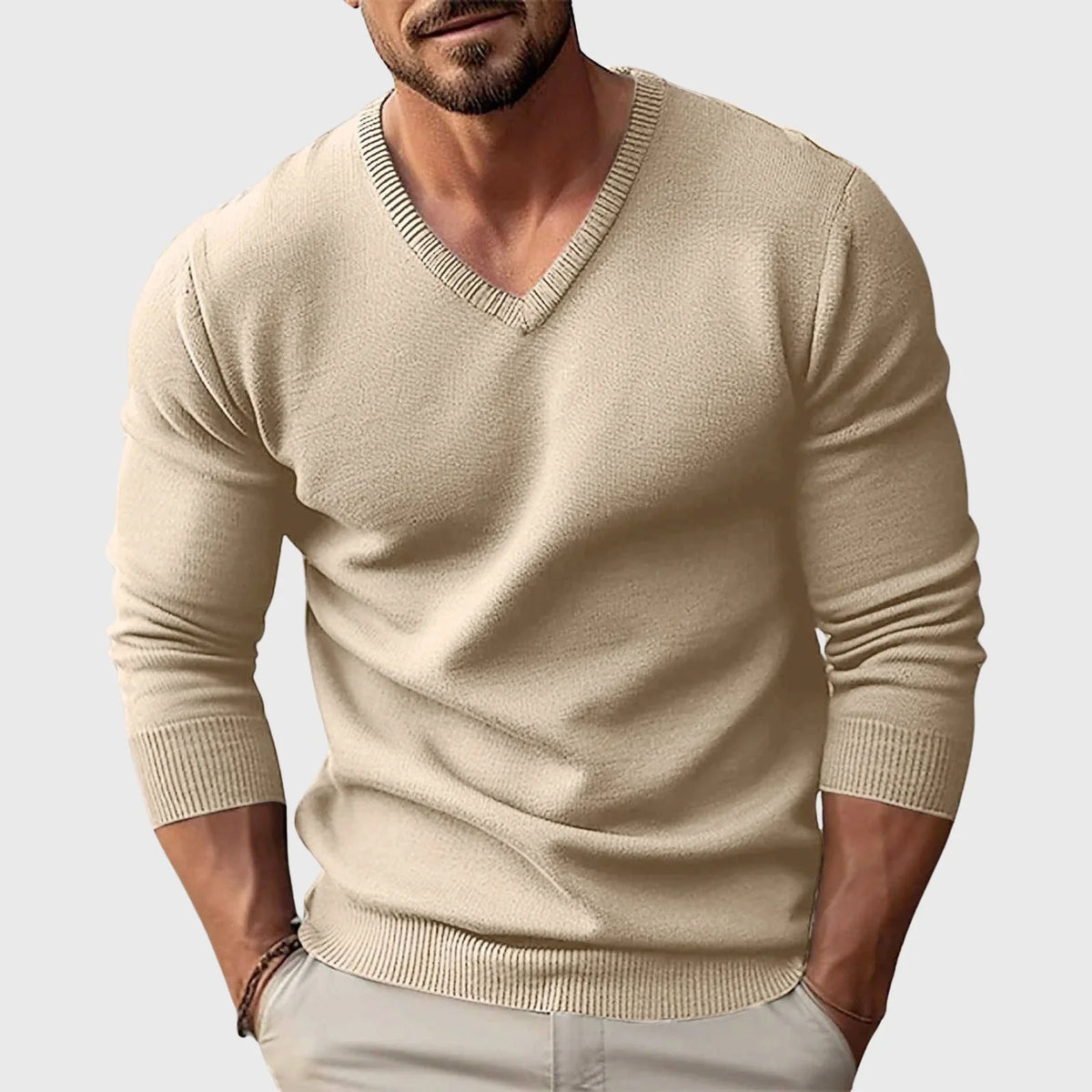 Men's Fitted Long Sleeve V-Neck Sweater with Ribbed Trim 2