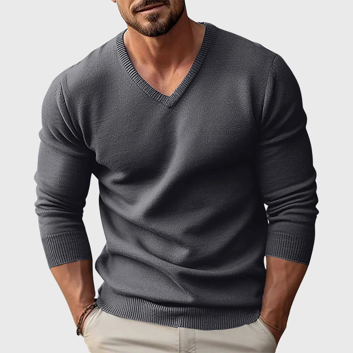 Men's Fitted Long Sleeve V-Neck Sweater with Ribbed Trim 3