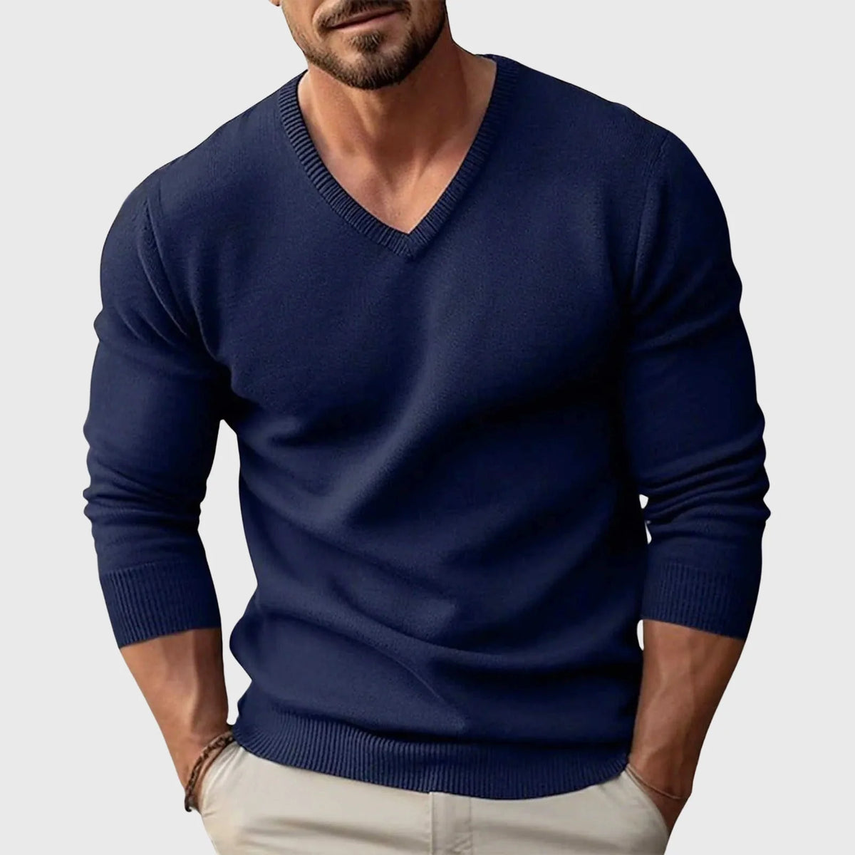 Men's Fitted Long Sleeve V-Neck Sweater with Ribbed Trim 4