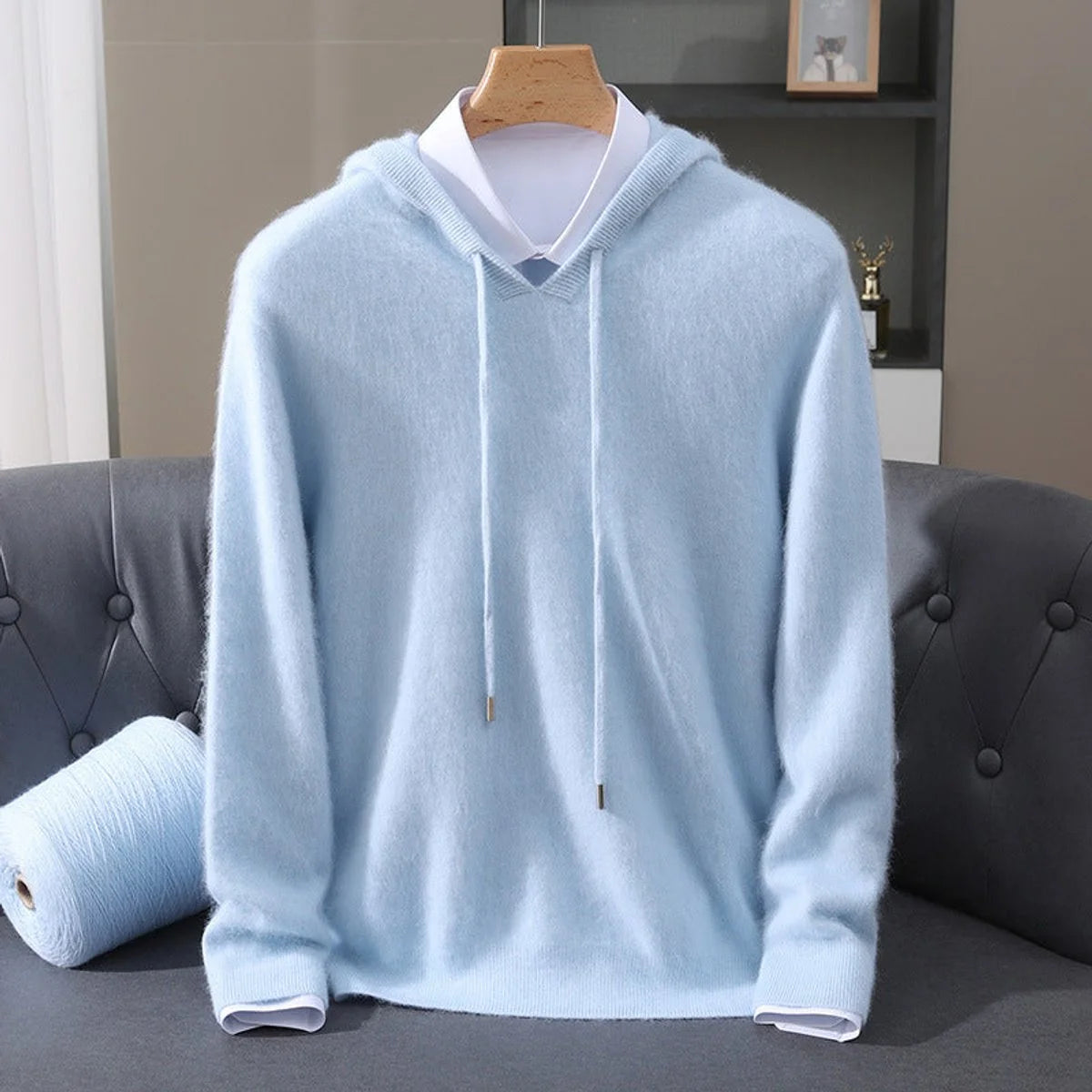 Men's Hooded Cashmere Pullover with Adjustable Drawstring for Versatile Wear 0